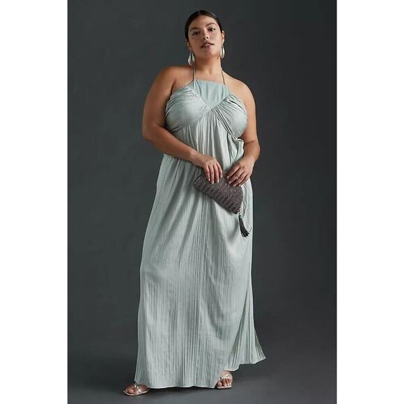 NWT Anthropologie Tie-Back Halter Pleated Maxi Dress Size Plus 1X Mint #MD416 - Picture 1 of 12
